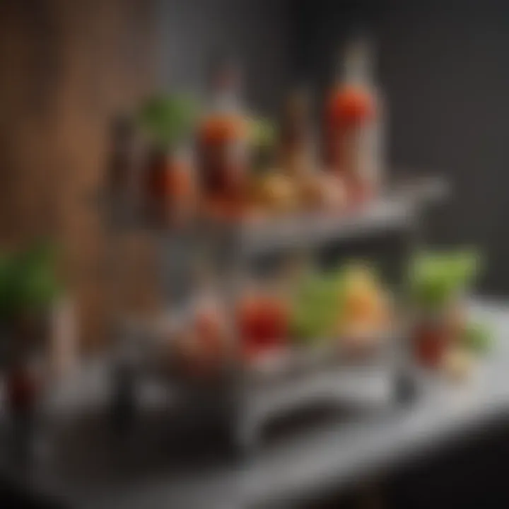 A stylish bar cart displaying tools and accessories for making the ultimate Bloody Mary