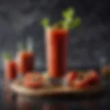 A vibrant glass of Bloody Mary featuring V8 vegetable juice garnished with celery and olives
