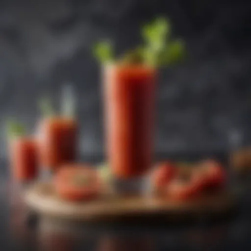 A vibrant glass of Bloody Mary featuring V8 vegetable juice garnished with celery and olives
