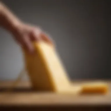 A close-up of cheese being elongated and stretched to form strings.