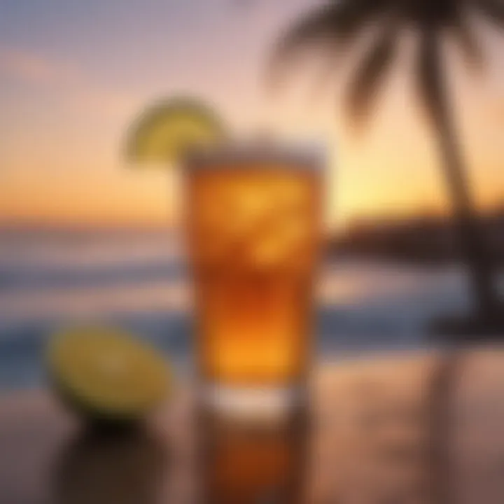 A vibrant glass of Chelada with a picturesque sunset background