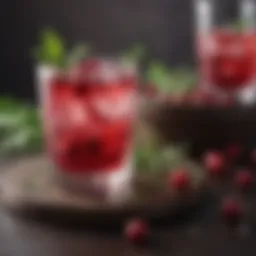 Vibrant cranberry seltzer cocktail garnished with fresh herbs