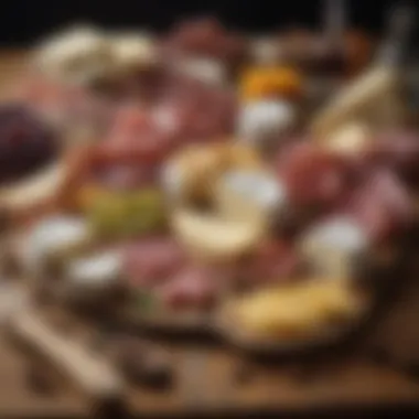 A close-up of artisanal cheeses and gourmet meats artfully displayed