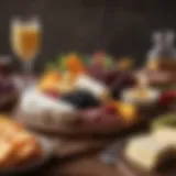 An elegantly arranged charcuterie board featuring a variety of cheeses and fruits