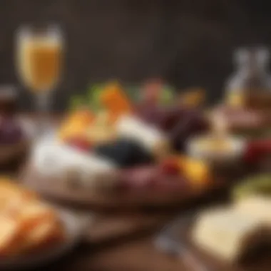 An elegantly arranged charcuterie board featuring a variety of cheeses and fruits