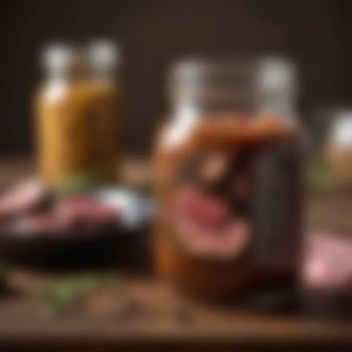 A glass jar filled with a rich, aromatic steak marinade