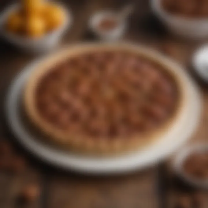 A rustic dining table set with a pecan pie and seasonal decorations.