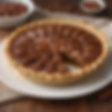 A close-up of a sliced pecan pie revealing its rich filling and crunchy pecans.
