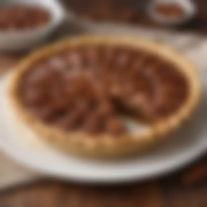 A close-up of a sliced pecan pie revealing its rich filling and crunchy pecans.