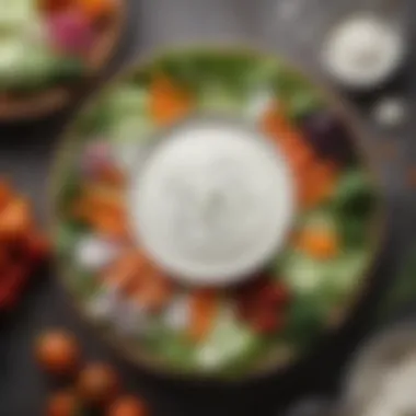 A bowl of creamy ranch dressing with fresh vegetables