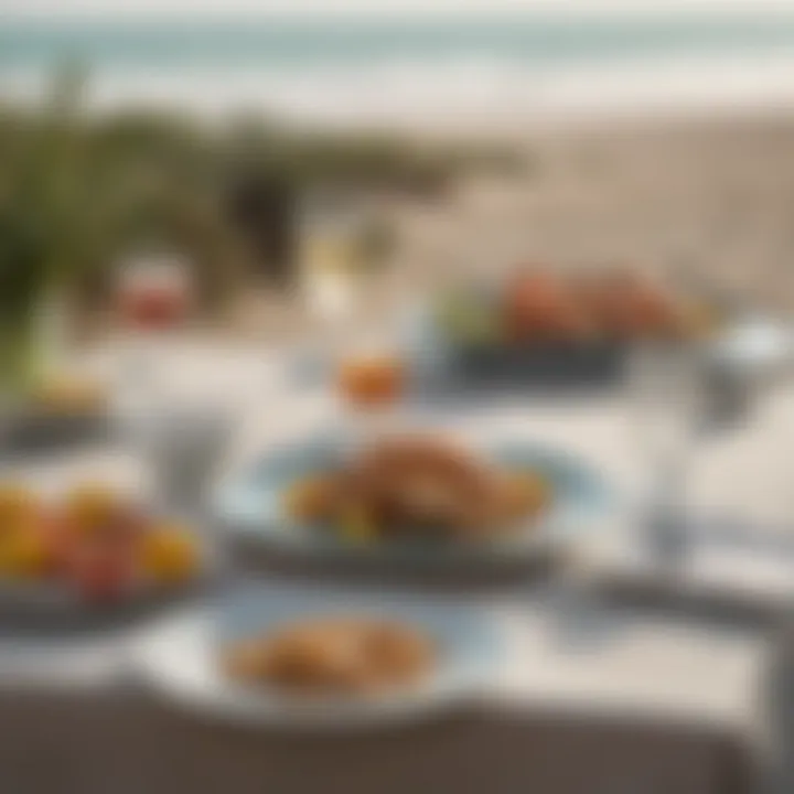 An elegant table setting by the beach with exquisite culinary presentations.