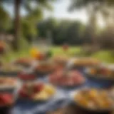 A vibrant outdoor picnic setup with an array of colorful dishes.