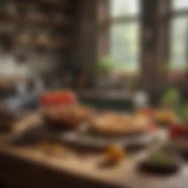 A rustic kitchen scene showcasing fresh ingredients and simple cooking tools.