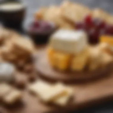 Close-up of gourmet cheeses paired with artisanal crackers