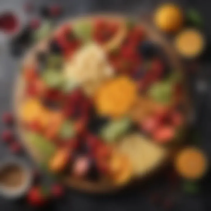 Colorful seasonal fruits arranged beautifully on a cheese board