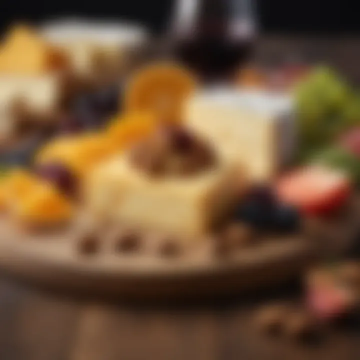 A close-up of gourmet cheeses paired with fresh fruits and nuts.