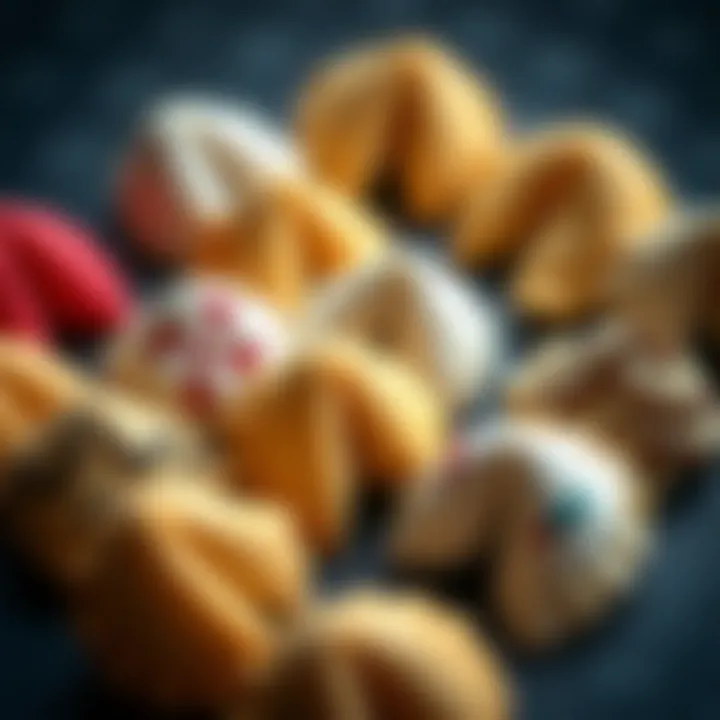 Artistic display of fortune cookies with various designs and colors