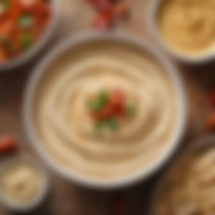 A close-up of a smooth and creamy bowl of hummus