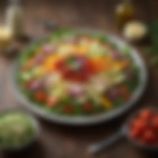 A beautifully arranged gourmet salad featuring vibrant vegetables and protein.