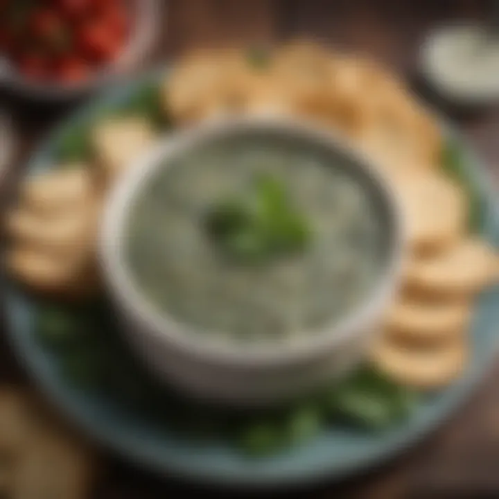 A flavorful spinach dip garnished with herbs and crackers