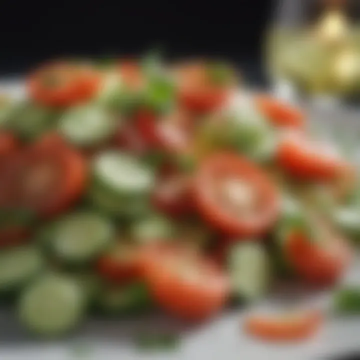 A close-up view of a cucumber tomato salad garnished with herbs.