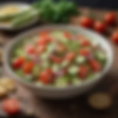 Cucumber tomato salad served in a stylish bowl on a rustic table.