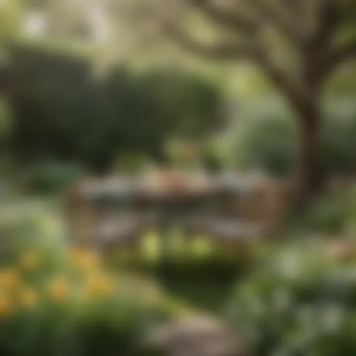 A serene outdoor dining setup surrounded by blooming flowers