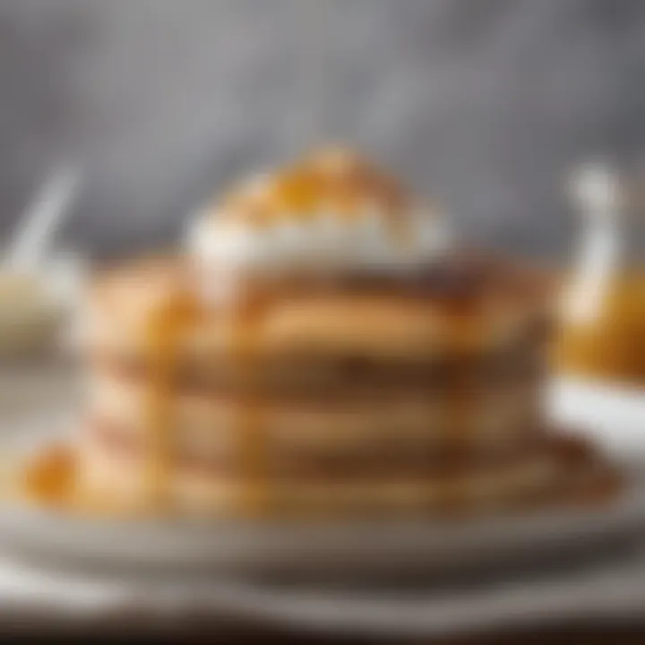 A stack of whole-grain pancakes topped with fat-free Greek yogurt and maple syrup