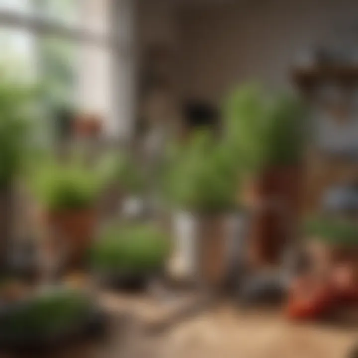 An organized set of gardening tools and supplies for indoor herb cultivation