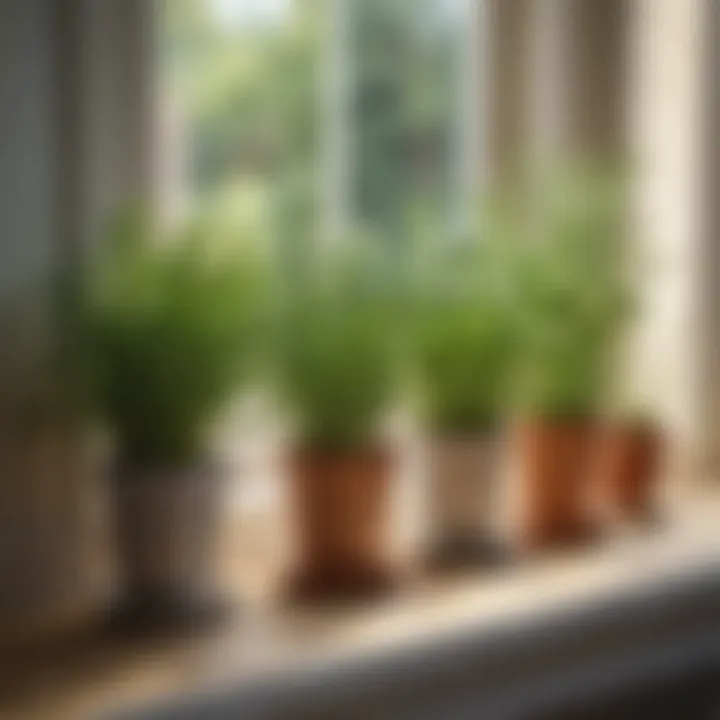 Stylish window sill adorned with assorted herb plants receiving natural light