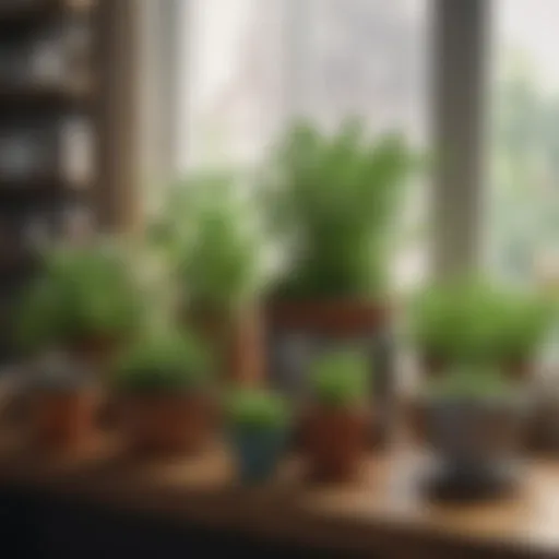 A vibrant indoor herb garden showcasing various herbs in decorative pots