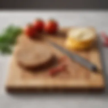 A close-up of a well-maintained cutting board and scissors resting side by side.