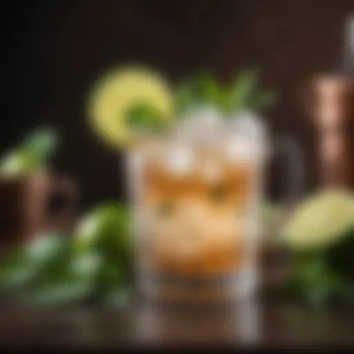 An elegant glass filled with a refreshing Russian Mule cocktail adorned with lime and mint.