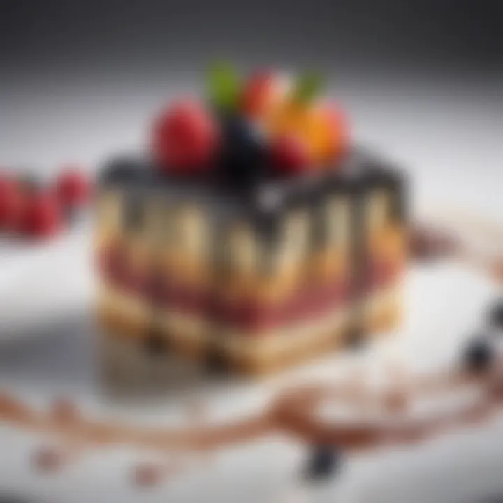 An intricately decorated dessert featuring artistic designs made with edible ink.