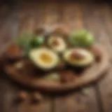 Healthy fats sources on a rustic wooden table