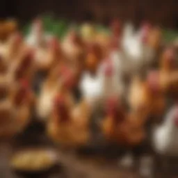 A variety of chicken breeds displayed on a table