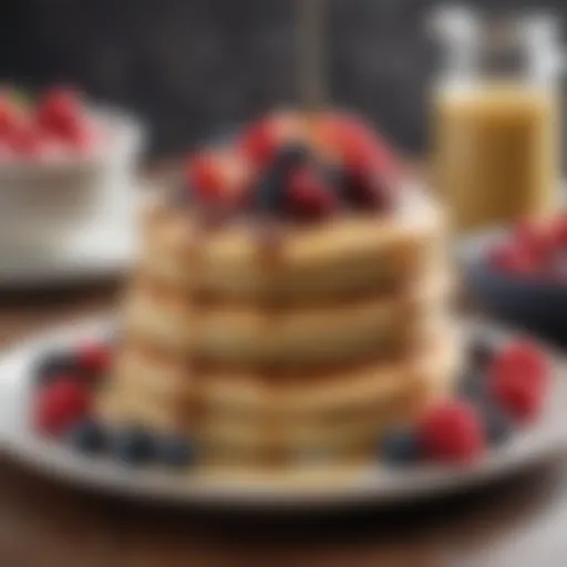 A stack of fluffy almond flour pancakes topped with fresh berries and a drizzle of maple syrup