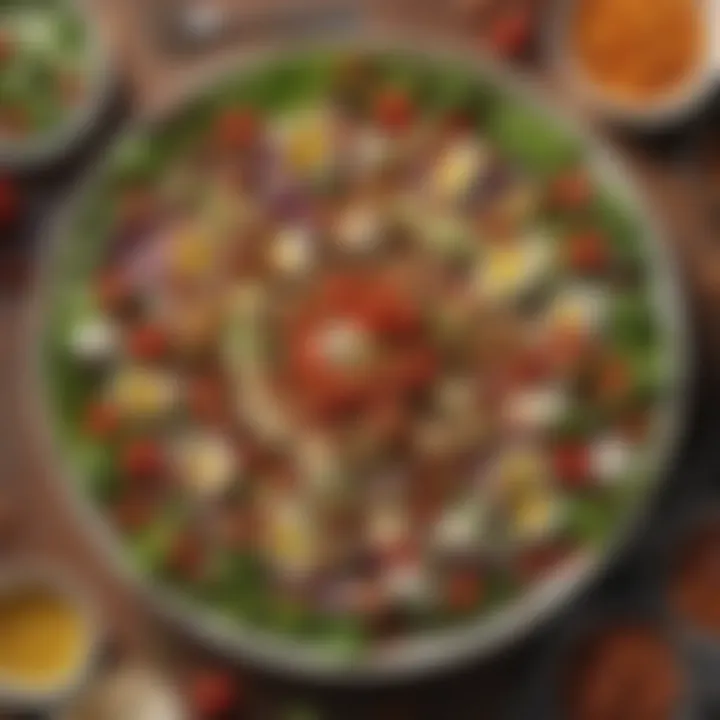 Close-up of a hearty salad loaded with greens and toppings