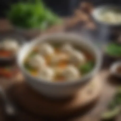 A bowl of steaming dumpling soup garnished with fresh herbs