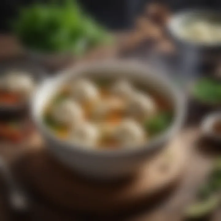 A bowl of steaming dumpling soup garnished with fresh herbs