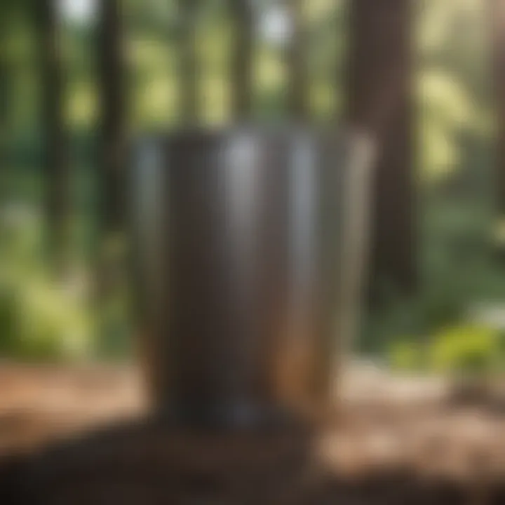 A stainless steel cup outdoors, reflecting the sunlight and surrounded by nature, symbolizing durability and eco-friendliness.