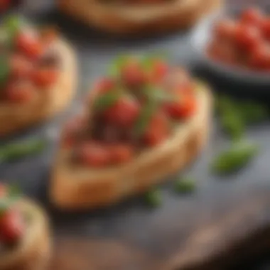 A close-up of an elegant bruschetta topped with fresh ingredients, highlighting its fresh and inviting appearance.