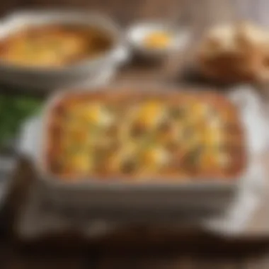 A cozy breakfast casserole featuring layers of eggs, bread, and savory fillings