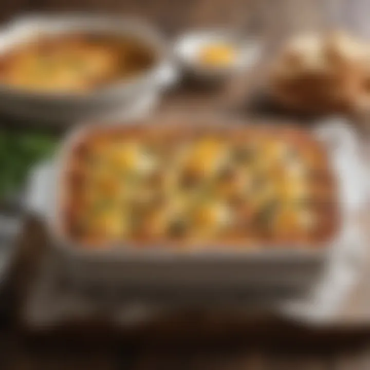 A cozy breakfast casserole featuring layers of eggs, bread, and savory fillings