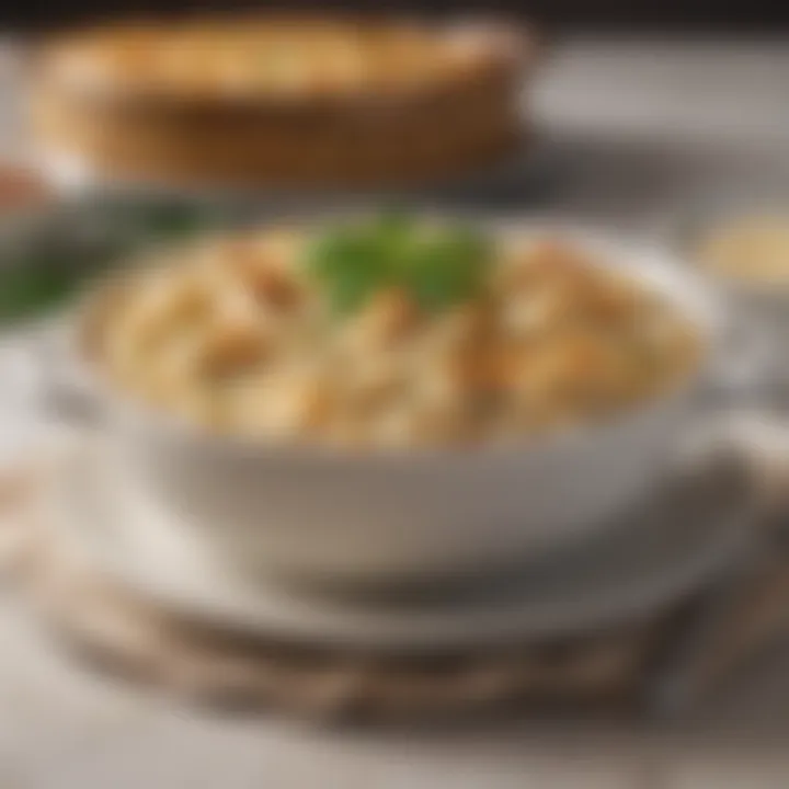 A creamy chicken and rice casserole, served in an elegant dish with a sprinkle of parsley