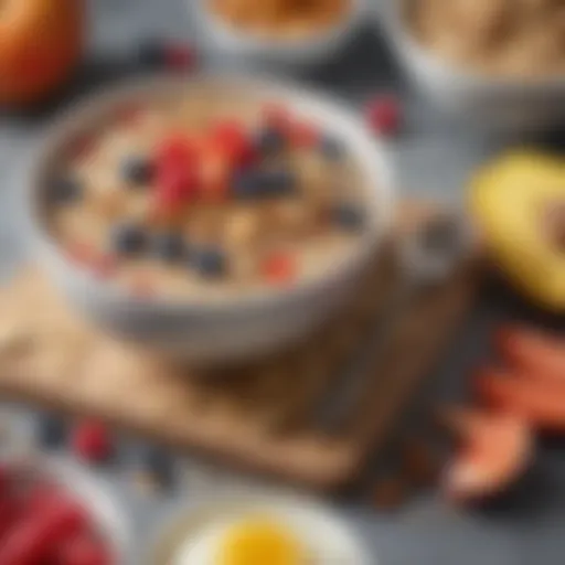 A vibrant breakfast spread featuring oatmeal topped with fresh fruits and nuts.