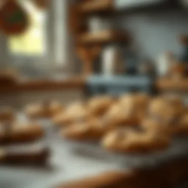A cozy kitchen setting with freshly baked cookies cooling on a wire rack