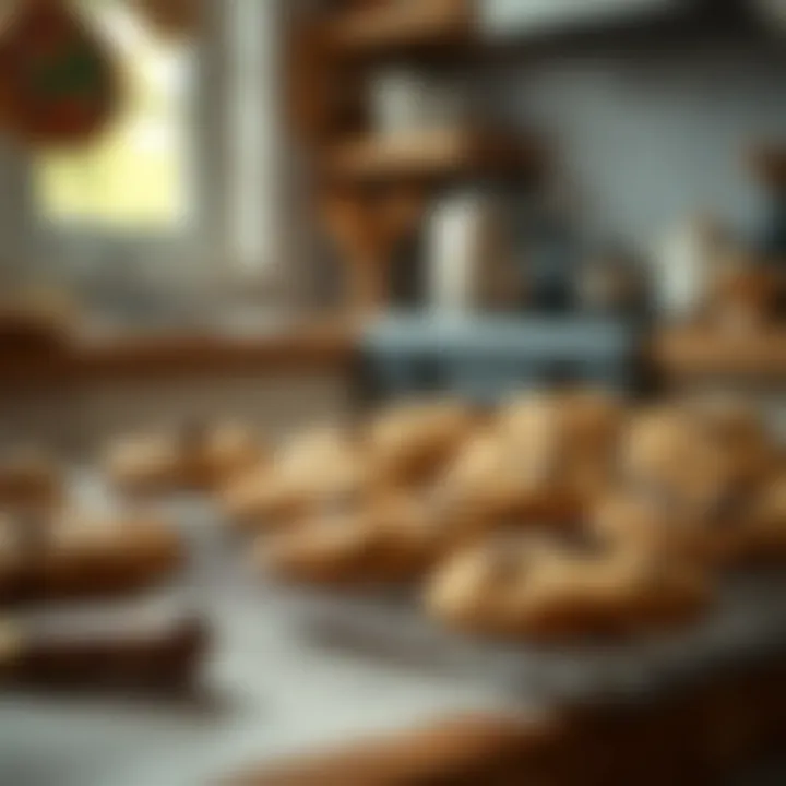A cozy kitchen setting with freshly baked cookies cooling on a wire rack