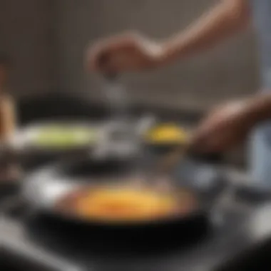 A person demonstrating a cleaning technique on a pan