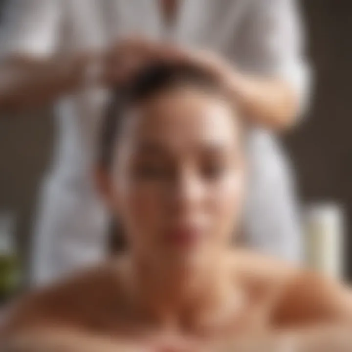 A tranquil scene depicting a scalp massage technique being performed.